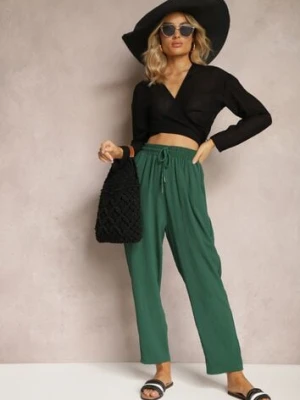 Zielone Spodnie o Luźnym Fasonie ze Sznurkiem i Gumką w Talii Enivea defox