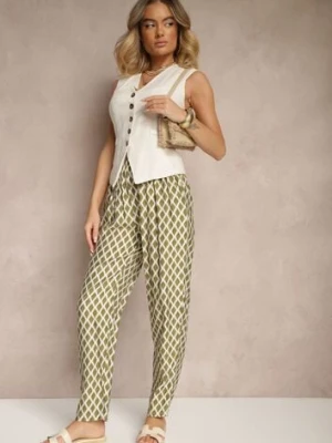 Zielone Spodnie o Szerokim Kroju High Waist w Romby Sarriza