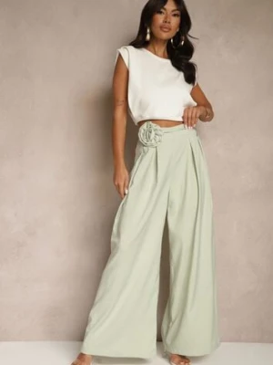 Zielone Spodnie o Szerokim Kroju High Waist z Kwiatem 3D Firalisse