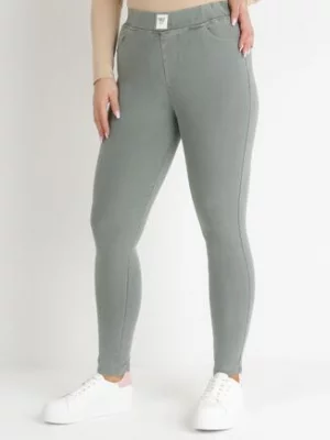 Zielone Spodnie Skinny z Elastyczną Gumką w Pasie i Wsuwanymi Kieszeniami Orlande pesail