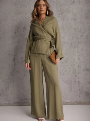 Zielone Spodnie Wide Leg High Waist z Wiskozy Terilinae