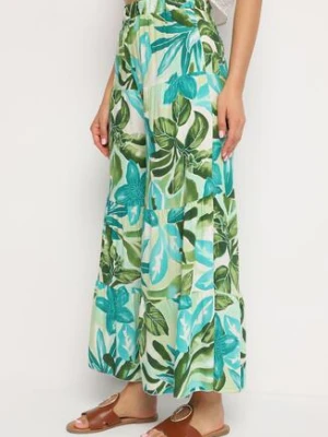 Zielone Spodnie Wiskozowe Palazzo z Wysokim Stanem i Gumką w Pasie Nasone cflo