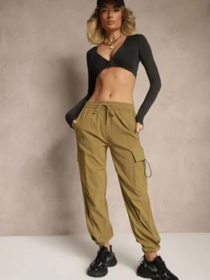 Zielone Spodnie z Bawełną Typu Cargo High Waist Puvoria