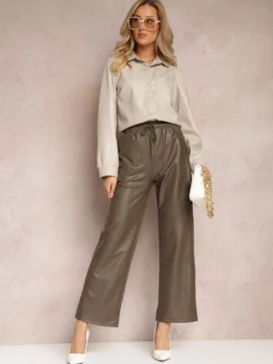 Zielone Spodnie z Szerokimi Nogawkami i Gumką w Talii z Imitacji Skóry Agasa defox