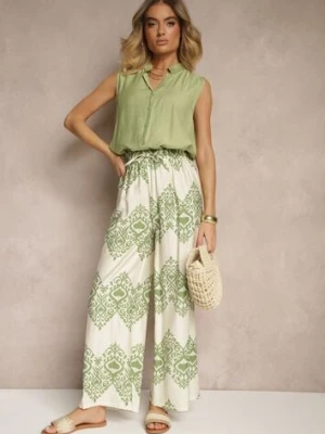 Zielone Spodnie z Wiskozy o Szerokim Kroju High Waist ze Wzorem Boho Neolissea