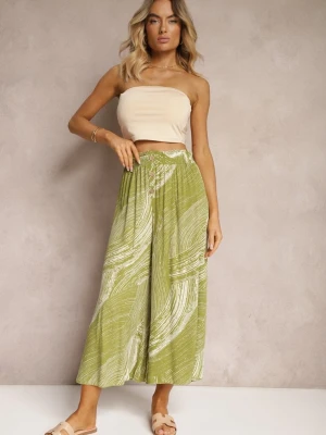Zielone Szerokie Spodnie 7 / 8 High Waist z Wiskozy Wykończone Gumką w Pasie Risallni Cflo