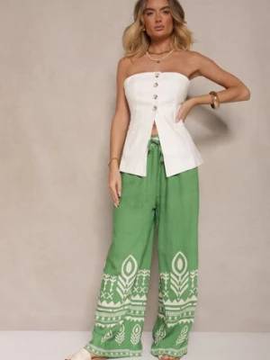 Zielone Szerokie Spodnie z Wiskozy z Gumką w Talii Zdobione Etnicznym Wzorem Soleldi j&x