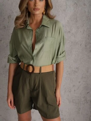 Zdjęcie produktu Zielone Szorty Casual z Wiskozą High Waist Ozdobione Paskiem z Plecionki Kailee Rosa