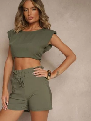 Zielone Szorty z Bawełną High Waist z Ozdobnym Sznurkiem Axemia j&x