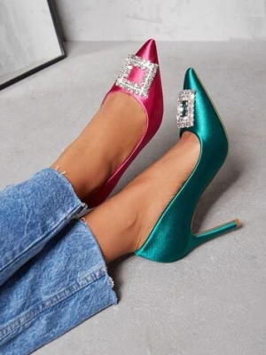 Zielone Szpilki Satynowe z Biżuteryjną Klamerką Ozena