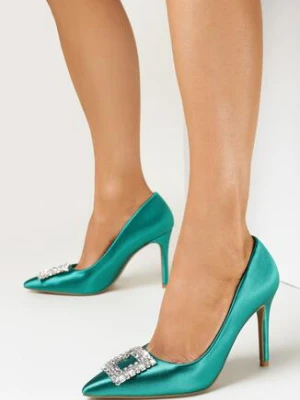 Zielone Szpilki Satynowe z Biżuteryjną Klamerką Zinevea