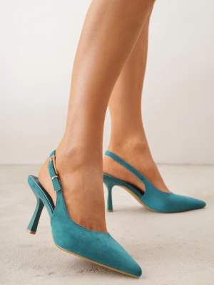 Zielone Szpilki Slingback VICES z Imitacji Zamszu z Prostokątną Klamerką Natuma Niebieski