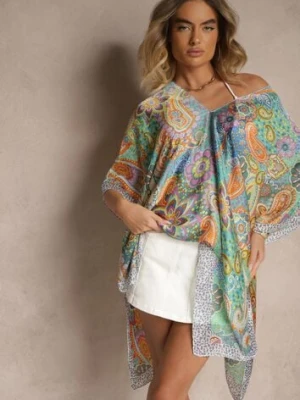 Zielone Wiskozowe Ponczo z Jedwabiem i Abstrakcyjnym Wzorem Sadellis yu & me