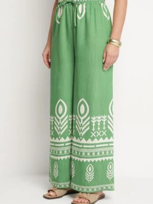 Zielone Wiskozowe Spodnie o Szerokim Kroju z Etnicznym Wzorem Mileldi j&x
