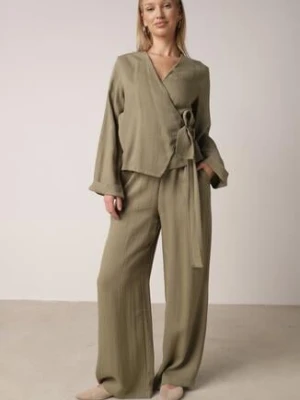 Zielone Wiskozowe Spodnie z Szeroką Nogawką i Wiązaniem w Talii Terisanna