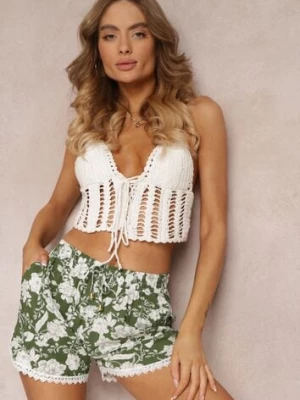 Zielone Wiskozowe Szorty w Kwiaty z Koronkową Lamówką i Gumką w Talii Nijah r&f fashion