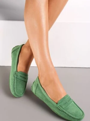 Zielone Wsuwane Mokasyny na Płaskiej Podeszwie z Przeszyciami Titalona