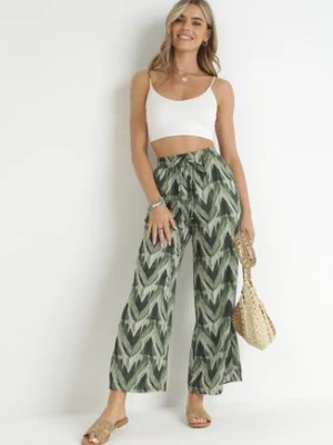 Zielone Wzorzyste Spodnie z Marszczoną Gumką w Pasie i Szerokimi Nogawkami Jaretsi rosa