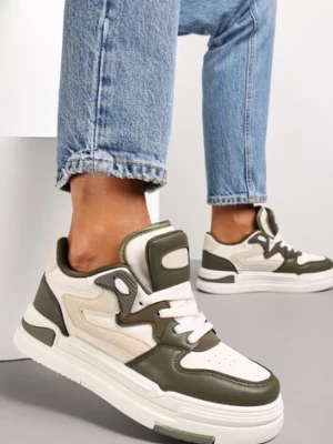 Zieloneo-Białe Sneakersy Ozdobione Wstawkami i Perforacją z Imitacji Skóry Cressia szixth june