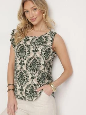 Zielono-Beżowa Bawełniana Bluzka z Geometrycznym Wzorem Naplina defox