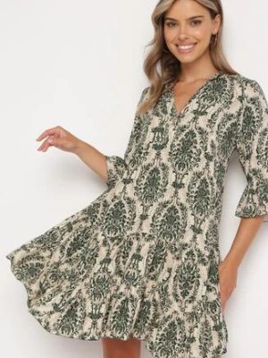 Zielono-Beżowa Bawełniana Rozkloszowana Sukienka z Falbankami Miloa