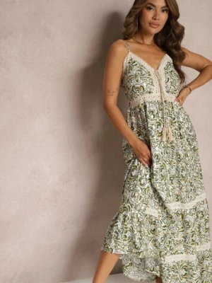 Zielono-Beżowa Bawełniana Sukienka na Ramiączkach Ozdobiona Haftem z Gumką w Talii Nretta rosa