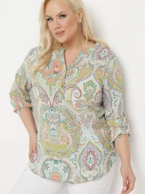 Zielono-Beżowa Bluzka Koszula z Guzikami Przy Dekolcie w Ornamentalny Print Indafare christy