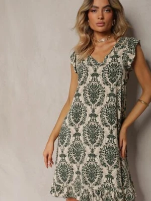 Zielono-Beżowa Boho Sukienka z Bawełny na Ramiączkach Ozdobiona Falbanką Testalaya