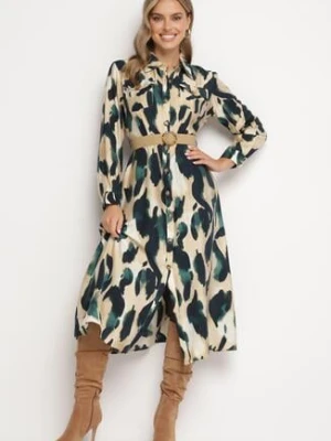 Zielono-Beżowa Koszulowa Sukienka Rozkloszowana w Abstrakcyjny Wzór z Plecionym Paskiem Miririda rosa