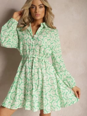 Zielono-Beżowa Koszulowa Sukienka z Bawełny z Geometrycznym Wzorem Vearil