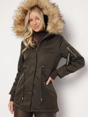 Zielono-Beżowa Kurtka Parka z Futerkowym Odpinanym Zdobieniem przy Kapturze Inellae swest