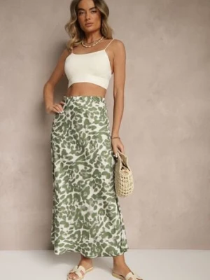Zielono-Beżowa Panterkowa Spódnica z Wiskozy High Waist Fevirellea rosita