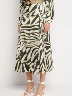 Zielono-Beżowa Rozkloszowana Spódnica Maxi w Tygrysie Paski z Paskiem w Komplecie Castella rosa