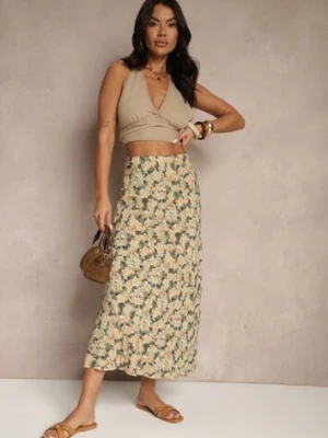 Zielono-Beżowa Rozkloszowana Spódnica z Wiskozy High Waist Fevanice