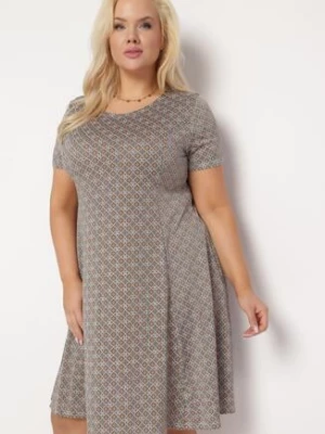 Zielono-Beżowa Rozkloszowana Sukienka Mini z Elastycznej Wiskozy Annamarie sweet&girl