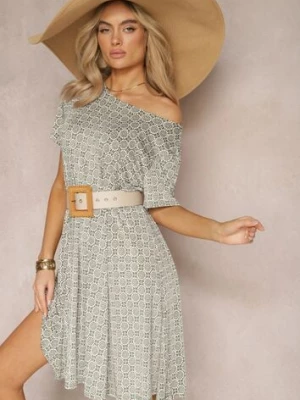 Zielono-Beżowa Rozkloszowana Sukienka w Ornamentalny Wzór z Wiskozy Oflia sweet&girl