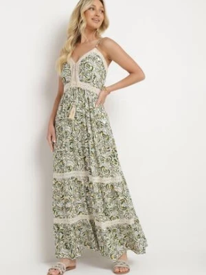 Zielono-Beżowa Rozkloszowana Sukienka z Bawełny na Cienkich Ramiączkach z Gumką w Pasie i Haftem Xuretta rosa