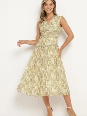 Zielono-Beżowa Rozkloszowana Sukienka z Gumką w Talii na Grubych Ramiączkach Ketta bibous project