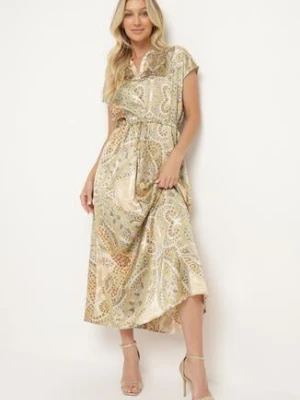 Zielono-Beżowa Rozkloszowana Sukienka ze Ściągaczem w Talii w Stylu Boho Dimirra rosse line