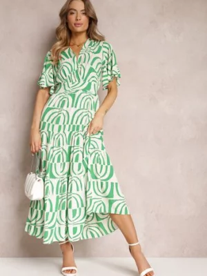 Zielono-Beżowa Sukienka Maxi z Wiskozy z Odkrytymi Plecami i Falbankami Jayliana