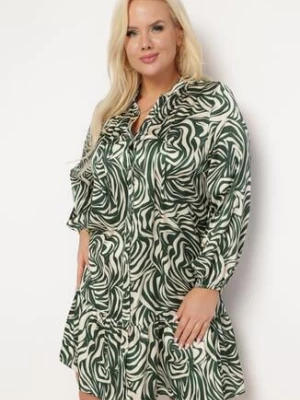 Zielono-Beżowa Sukienka Mini z Falbanką i Abstrakcyjnym Wzorem Ovina