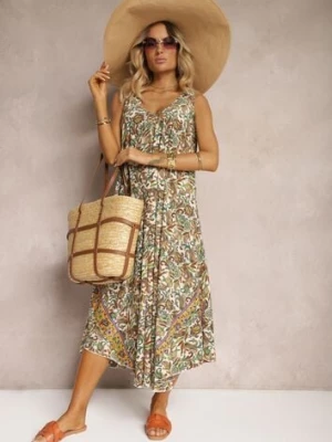 Zielono-Beżowa Sukienka z Wiskozy o Rozkloszowanym Kroju Bez Rękawów Fradea cflo