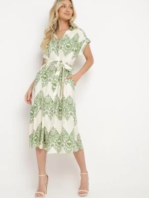 Zielono-Beżowa Taliowana Sukienka Boho z Wiskozą Wiązana w Talii Paskiem Losofia unigirl