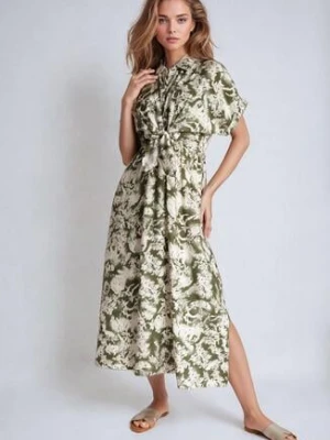 Zielono-Beżowa Taliowana Sukienka z Gumką w Pasie Zapinana na Guziki Nasica melya by melody