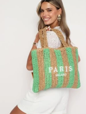 Zielono-Beżowa Torebka z Plecionki z Ozdobnym Nadrukiem "Paris Milano" Rivani