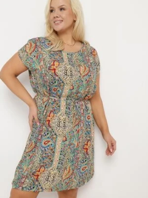 Zielono-Beżowa Wiskozowa Sukienka w Stylu Boho o Pudełkowym Kroju z Materiałowym Paskiem Neteri j&x