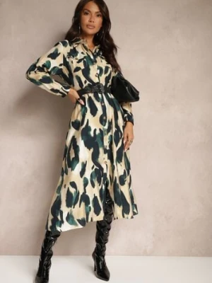 Zielono-Beżowa Wzorzysta Sukienka o Koszulowym Kroju z Paskiem z Plecionki Mirirani rosa