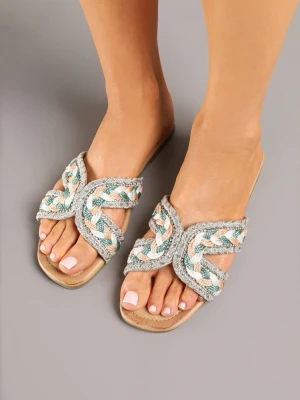 Zielono-Beżowe Klapki z Plecionką w Stylu Boho Felmirella Ciaodeo