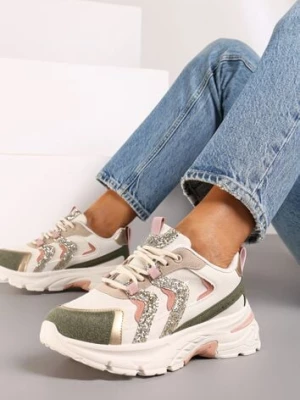 Zielono-Beżowe Sznurowane Sneakersy na Platformie Ozdobione Brokatem Betira