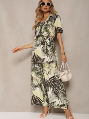 Zielono-Beżowy Kombinezon z Krótkim Rękawem z Gumką w Talii i Materiałowym Paskiem Efilove retro & icone